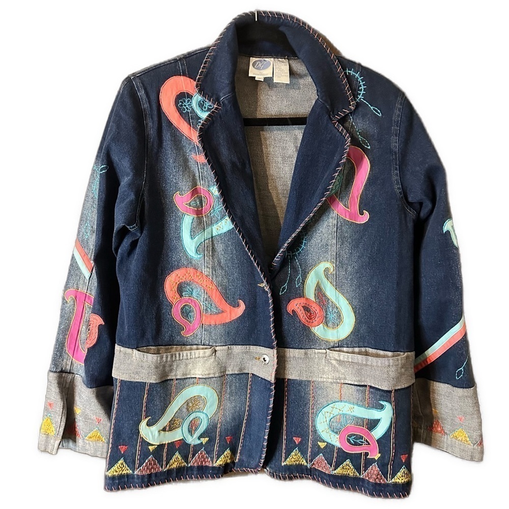 DG2 by Diane Gilman Denim Jacket Embroidered Distressed Western Boho Size M